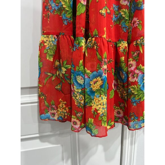 Linea By Louis DellOlio Floral Tiered Red Pleated MidiBoho Peasant Skirt Sz M - Picture 4 of 10